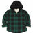 Front view of kids dark green sherpa lined flannel jacket with hood