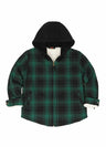 Front view of kids dark green sherpa lined flannel jacket with hood