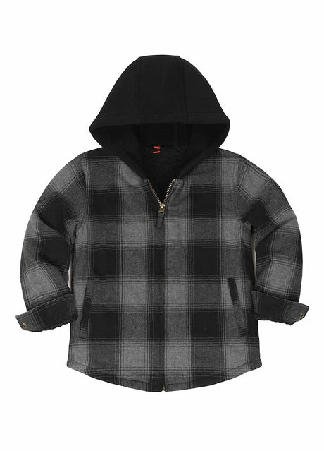 Front view of kids medium gray sherpa lined flannel jacket with zipper