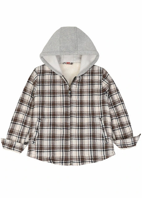 Front view of kids brown white full zip hooded flannel jacket