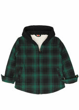 Front view of kids dark green sherpa lined flannel jacket