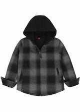 Front view of kids medium gray sherpa lined full zip flannel jacket