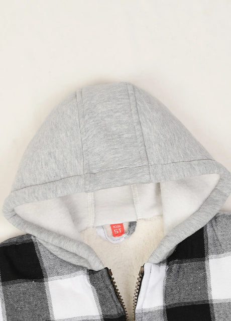 Detail of kids black grey sherpa lined flannel jacket with hood