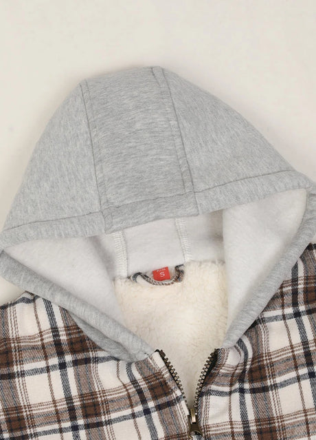 Detail of kids brown white full zip flannel jacket with hood