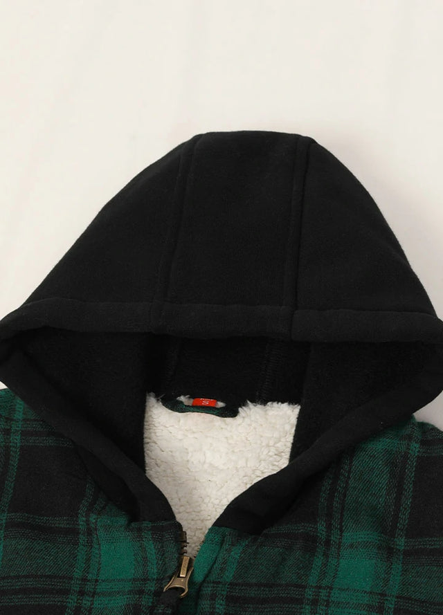 Detail of cozy hood on kids dark green hooded plaid flannel jacket