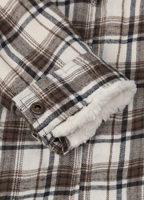  Close-up of the interior of kids brown white full zip flannel jacket with cuff