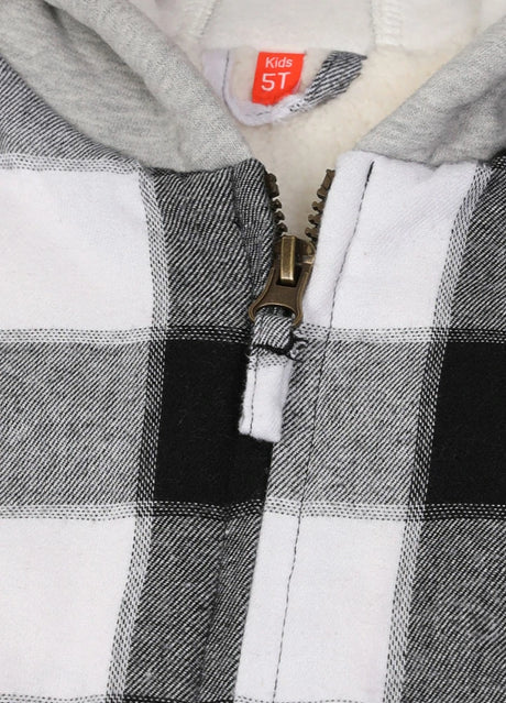 Close-up of kids black grey flannel jacket with full zipper