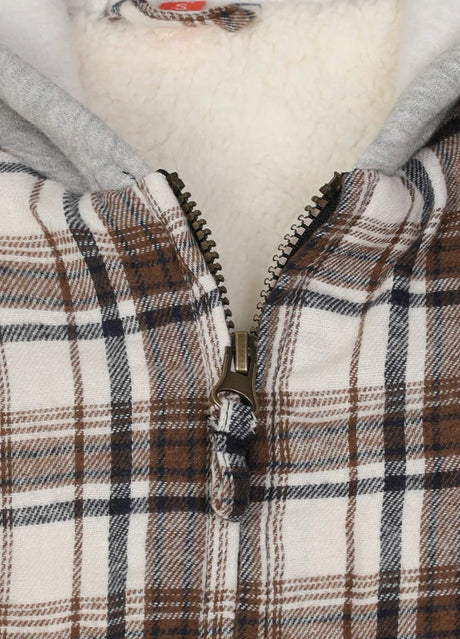 Close-up of full zip on kids brown white hooded flannel jacket