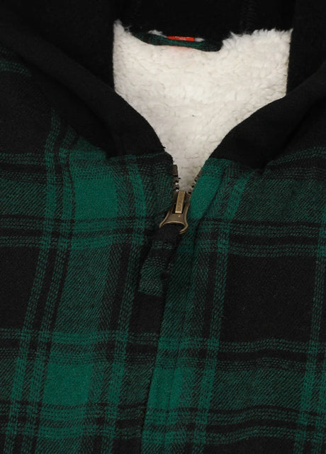 Detailed view of kids dark green plaid flannel jacket with smooth zip