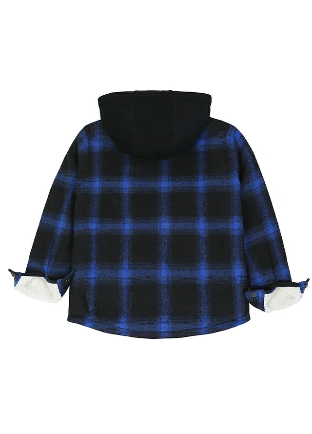 Back view of kids blue black hooded flannel jacket with soft lining