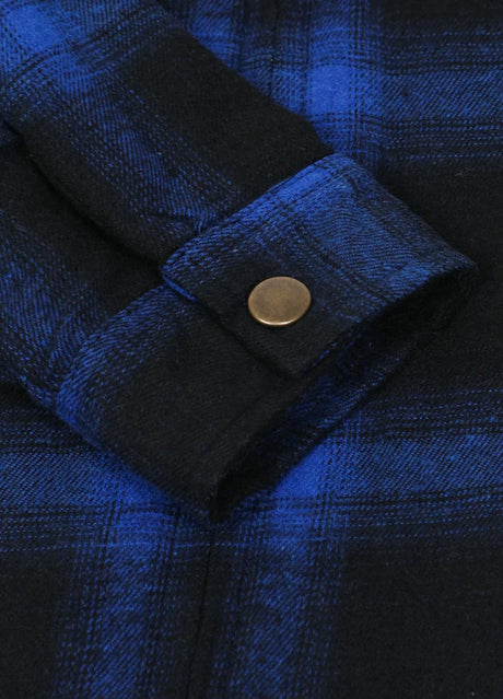 Close-up of kids blue black hooded flannel jacket cuff with button