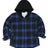 Front view of kids blue black sherpa lined hooded flannel jacket