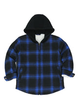 Front view of kids blue black sherpa lined hooded flannel jacket