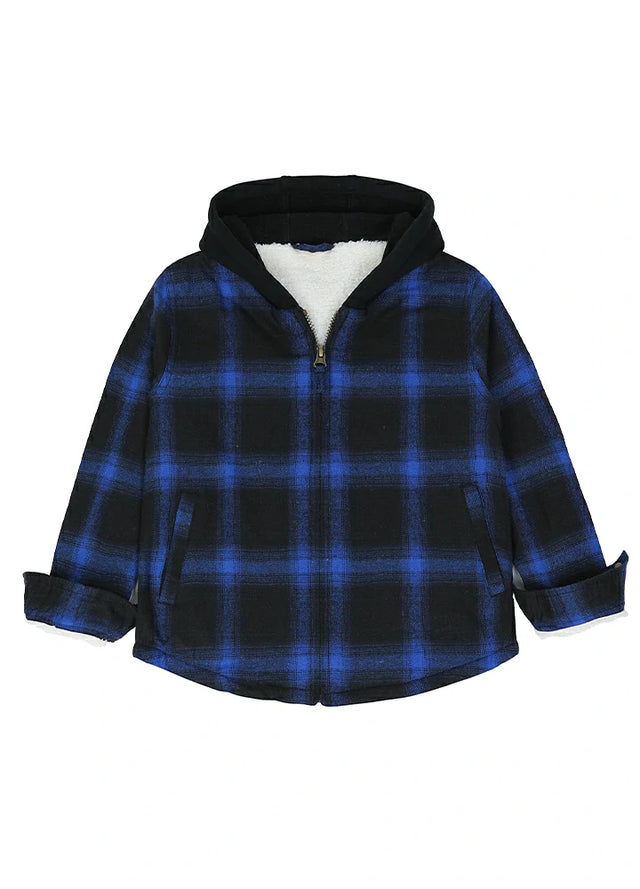 Front view of kids blue black full zipper hooded flannel jacket