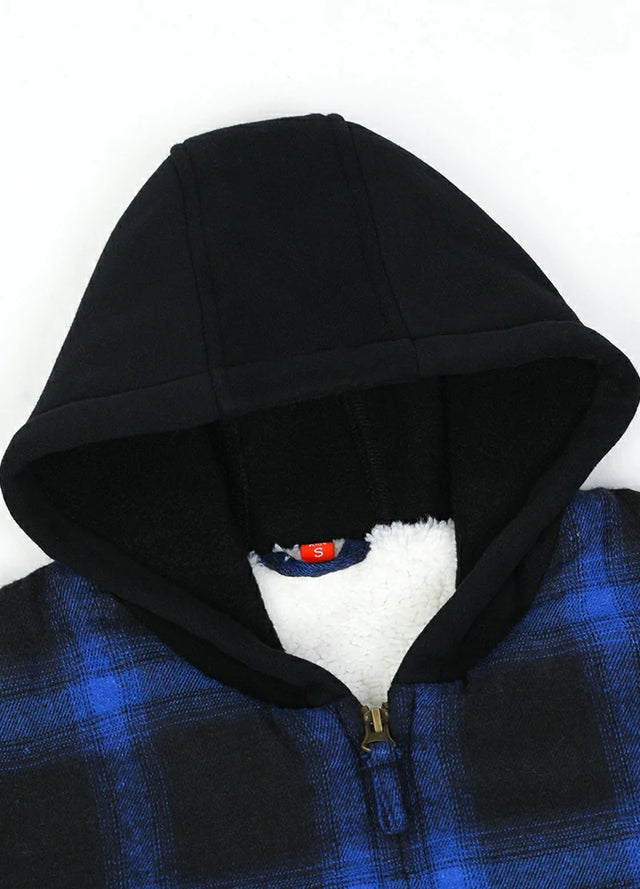 Close-up of kids blue black full zip hooded flannel jacket with cozy hood