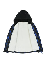 Detailed view of kids blue black full zip hooded flannel jacket with soft lining