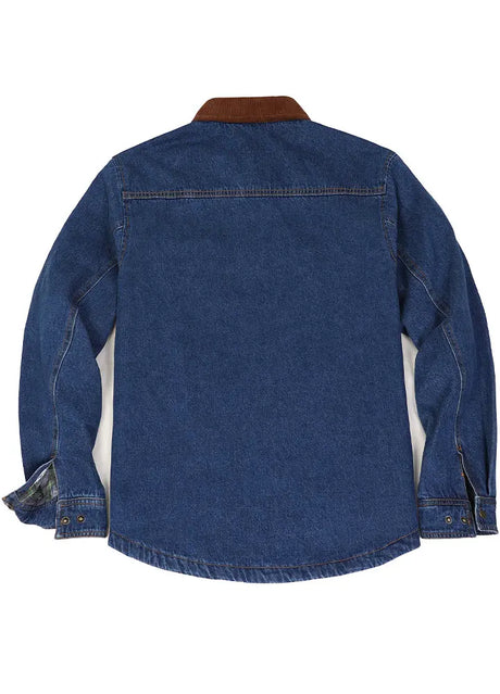 Back view of blue men's durable denim shirt jacket