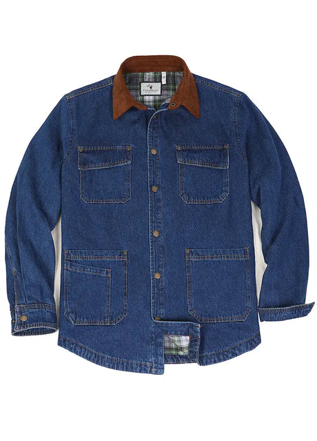 Front view of snap buttons closed blue men's denim shirt jacket with flannel lining