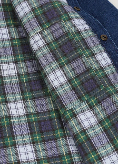 Close-up of the innerpocket of blue men's denim outdoor shirt jacket with flannel lining