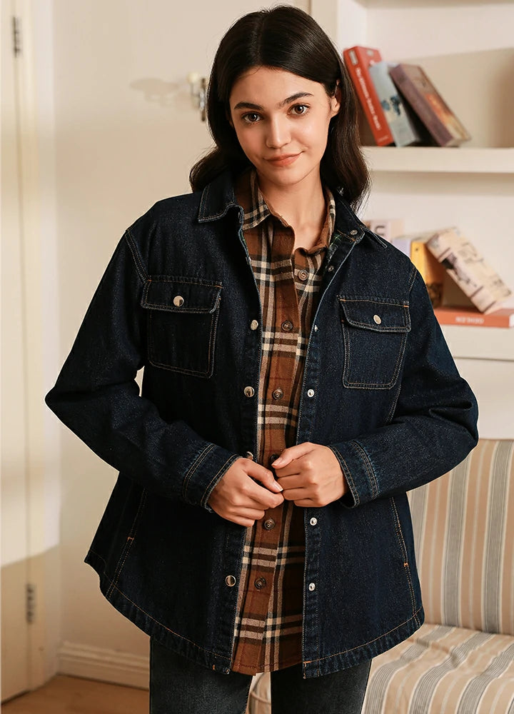 Women's Flannel-Lined Denim Shirt Jacket,Snap Jean Shacket