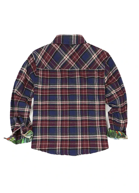 Back view of blueberry red kids wildlife adventure flannel plaid shirt