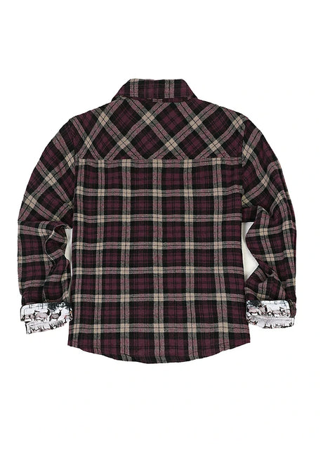 Back view of crimson blush kids wildlife adventure flannel plaid shirt