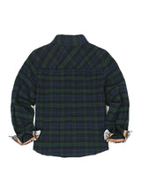 Back view of emerald seas kids wildlife adventure flannel plaid shirt