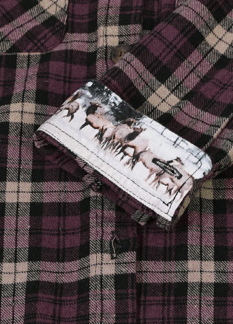 Kids crimson blush flannel plaid shirt cuffs with wildlife pattern detail