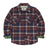 Front view of blueberry red kids wildlife adventure flannel plaid shirt