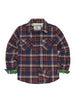 Front view of blueberry red kids wildlife adventure flannel plaid shirt