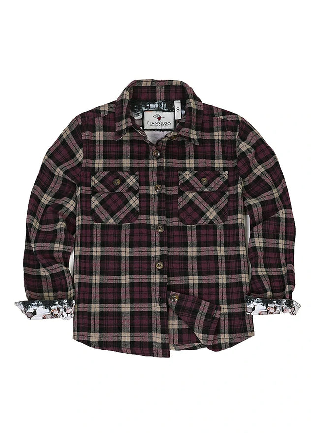 Front view of crimson blush kids wildlife adventure flannel plaid shirt