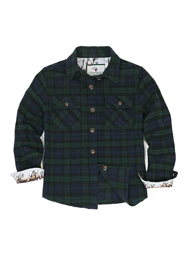 Front view of emerald seas kids wildlife adventure flannel plaid shirt