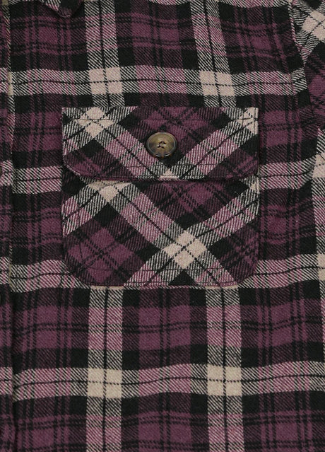 Close-up of kids crimson blush flannel plaid shirt pocket with button 