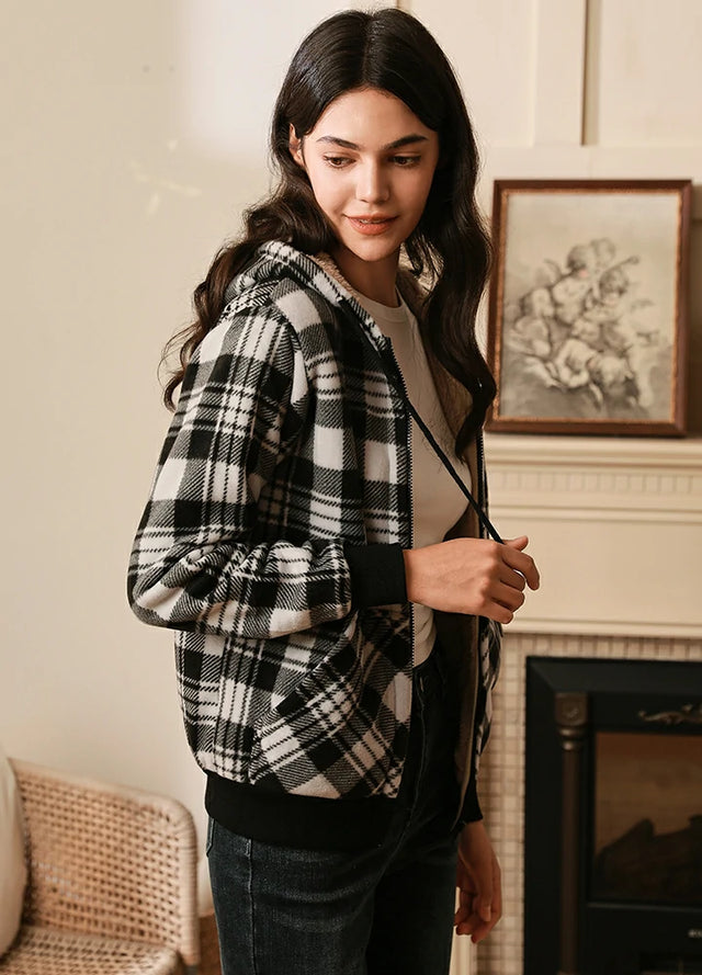 Women's Sherpa Lined Hoodie Jacket Plaid Zip up Hooded Sweatshirt