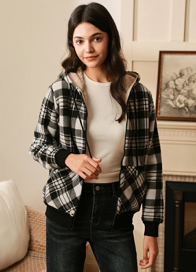 Women's Sherpa Lined Hoodie Jacket Plaid Zip up Hooded Sweatshirt