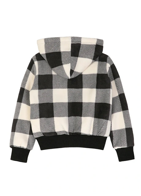 Back view of kids black white plaid sweatshirt jacket