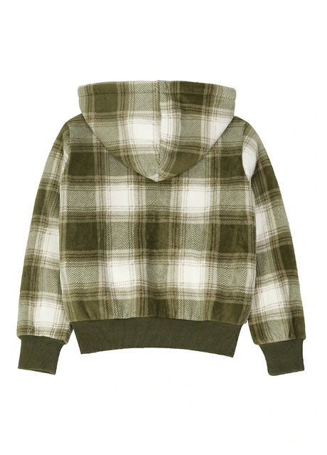 Back view of kids misty woodland plaid sweatshirt jacket