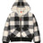 Front view of kids black whitefull zip hooded plaid sweatshirt jacket