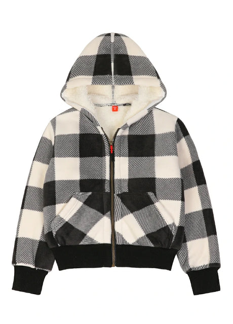 Front view of kids black whitefull zip hooded plaid sweatshirt jacket