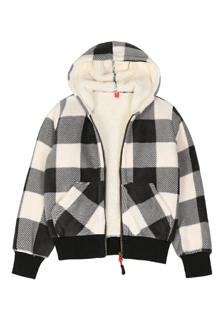 Front view of kids black white hooded plaid sweatshirt jacket