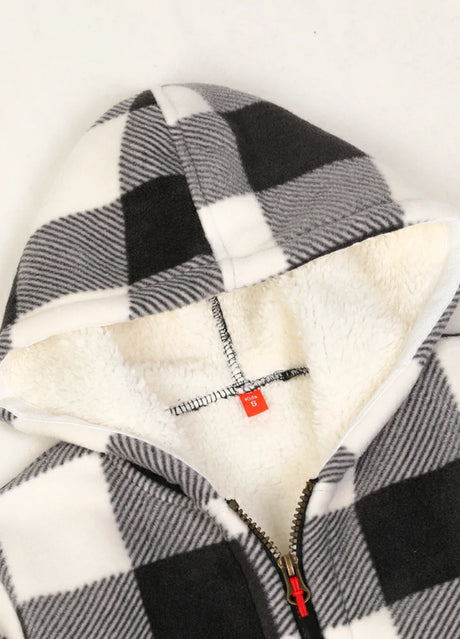 Close-up of cozy hood on kids sherpa lined plaid sweatshirt jacket