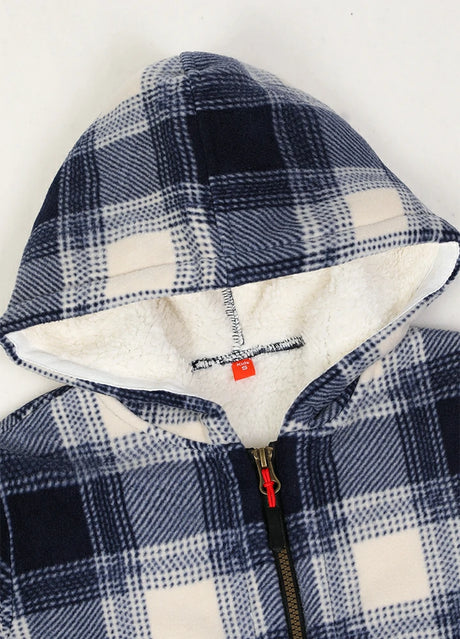 Close-up of cozy hood on kids ocean breeze tartan plaid sweatshirt jacket