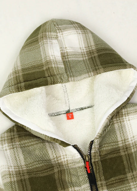 Close-up of cozy hood on kids misty woodland plaid sweatshirt jacket