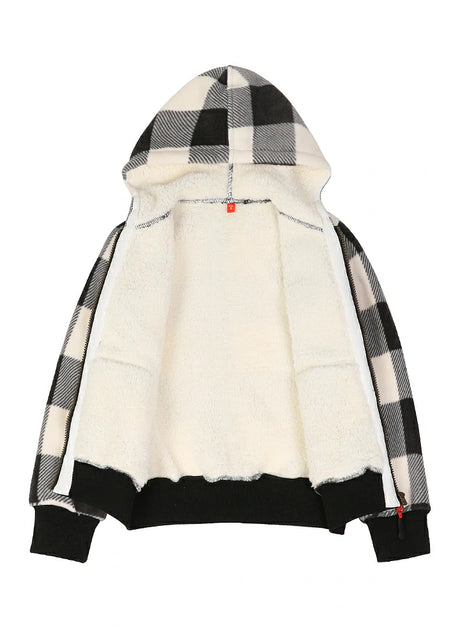 Detail of sherpa lining on kids full zip hooded jacket