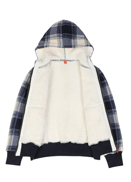 Detail of sherpa lining on kids ocean breeze tartan full zip hooded jacket