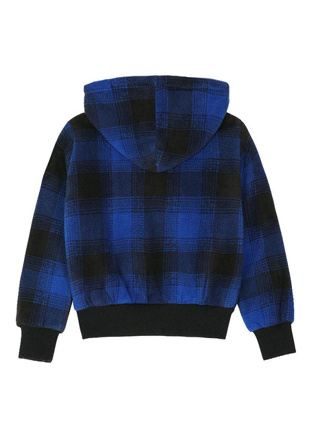 Back view of kids navy black plaid sweatshirt jacket