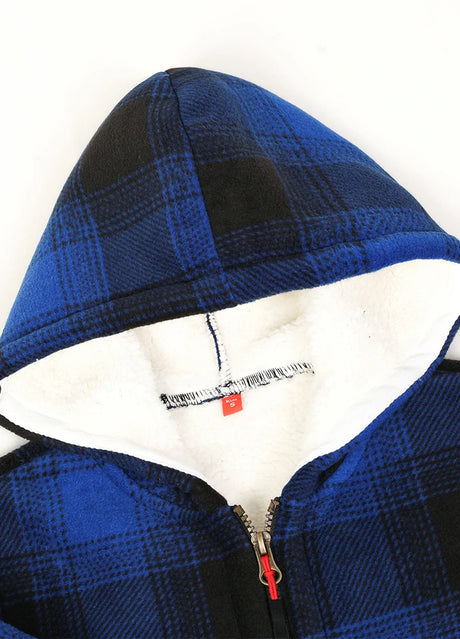 Detailed view of kids navy black plaid jacket with warm hood