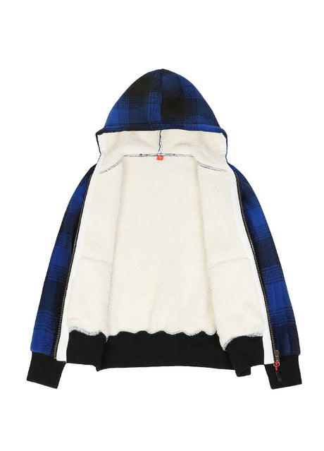 Detail of sherpa lining on kids navy black full zip hooded jacket