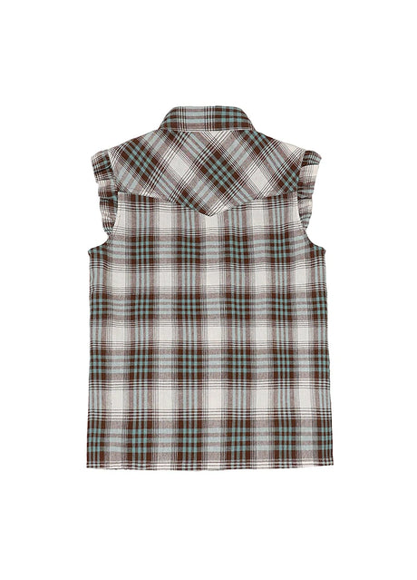 Back view of turquoise kid's pearl snap sleeveless plaid vest