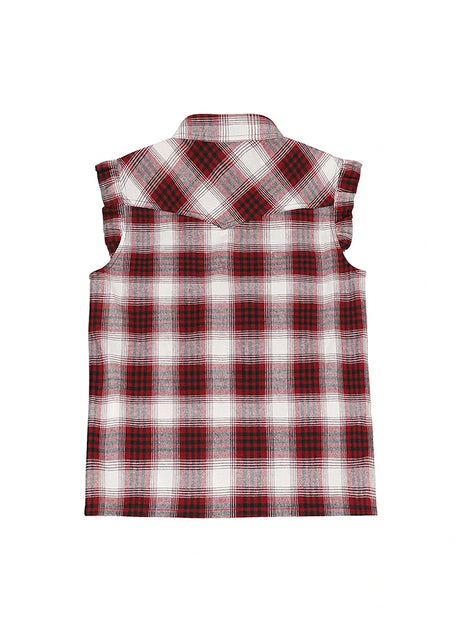 Back view of wine kid's pearl snap western plaid vest